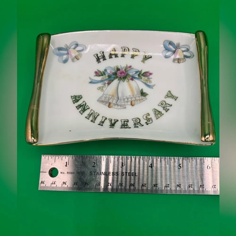 Vintage Lefton Happy Anniversary Trinket Dish 8x6 Japan Stamped #5510 w/Sticker
